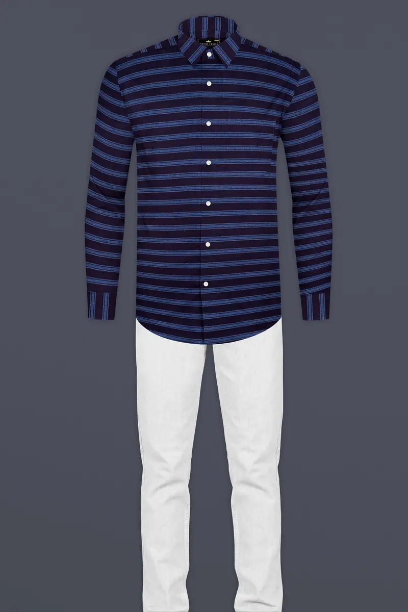 Indigo Blue And Lapis Blue Striped Chambray Shirt 6