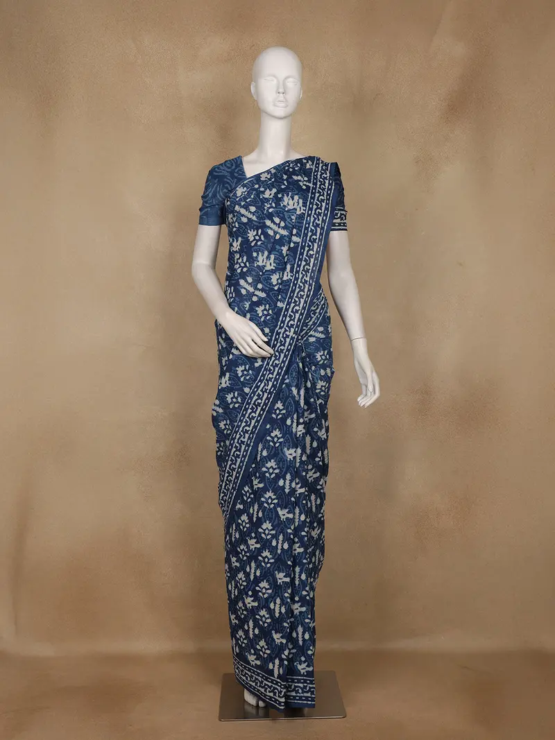 Indigo Blue Block Printed Mul Mul Cotton Saree 1