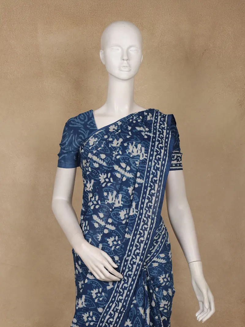 Indigo Blue Block Printed Mul Mul Cotton Saree 2
