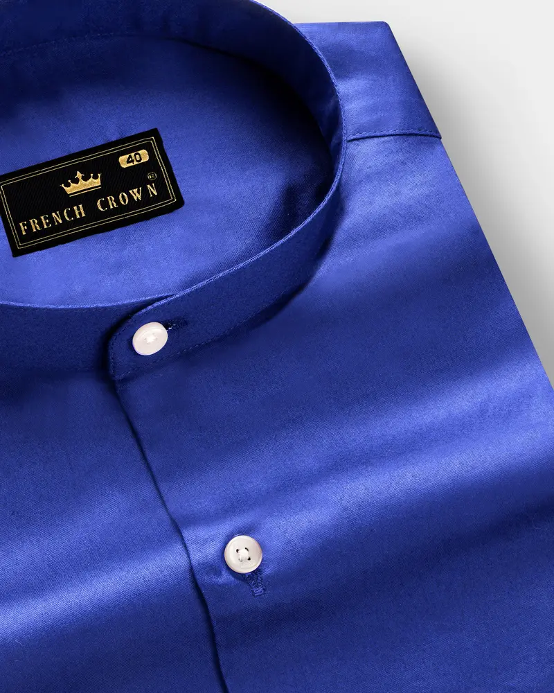 Indigo Blue-Catalina Solid Subtle Sheen Super Soft Premium Cotton Semi Formal Mandarin Collar Shirt 1