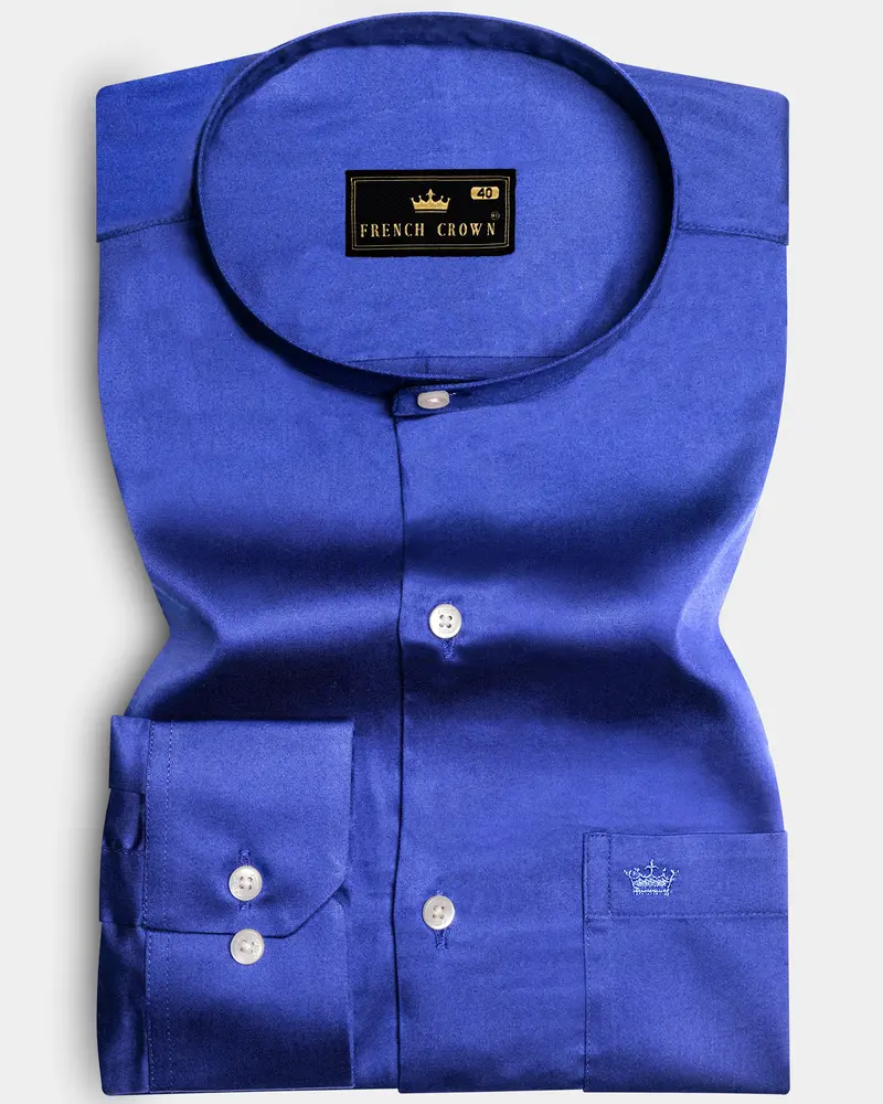 Indigo Blue-Catalina Solid Subtle Sheen Super Soft Premium Cotton Semi Formal Mandarin Collar Shirt 10