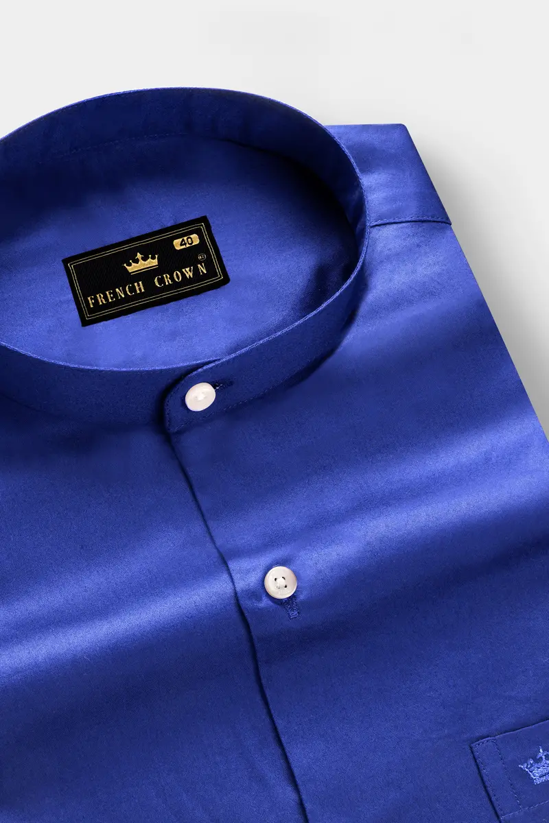 Indigo Blue-Catalina Solid Subtle Sheen Super Soft Premium Cotton Semi Formal Mandarin Collar Shirt 2