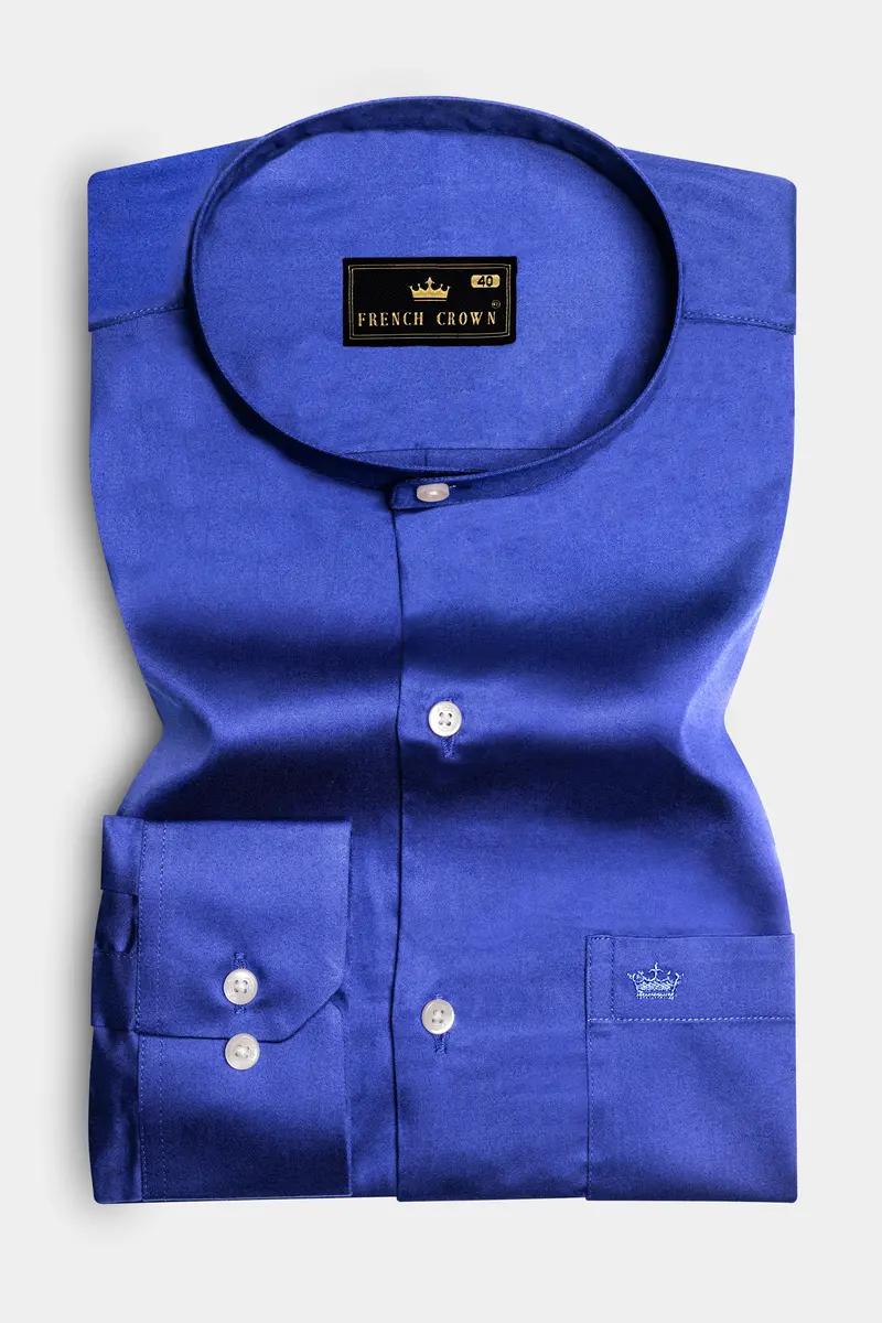 Indigo Blue-Catalina Solid Subtle Sheen Super Soft Premium Cotton Semi Formal Mandarin Collar Shirt 4