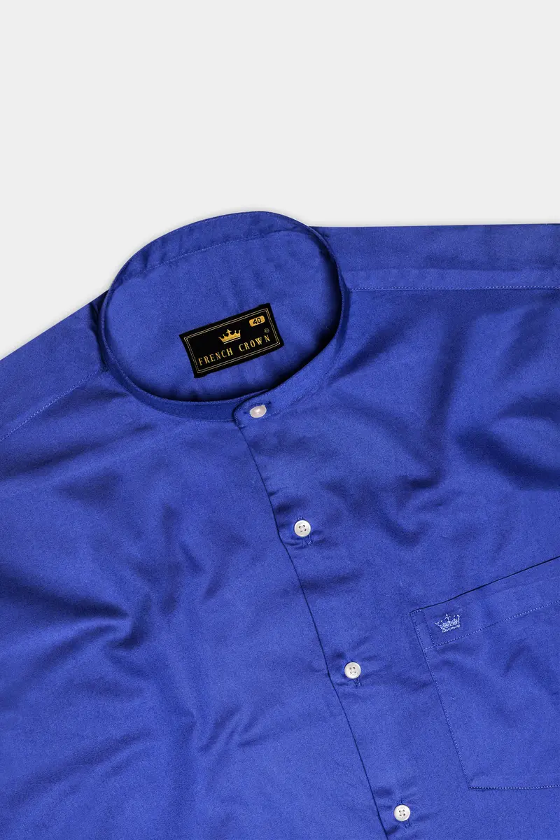 Indigo Blue-Catalina Solid Subtle Sheen Super Soft Premium Cotton Semi Formal Mandarin Collar Shirt 5