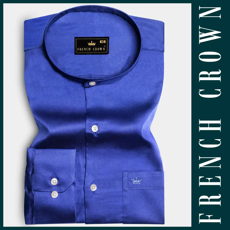 Indigo Blue-Catalina Solid Subtle Sheen Super Soft Premium Cotton Semi Formal Mandarin Collar Shirt 6