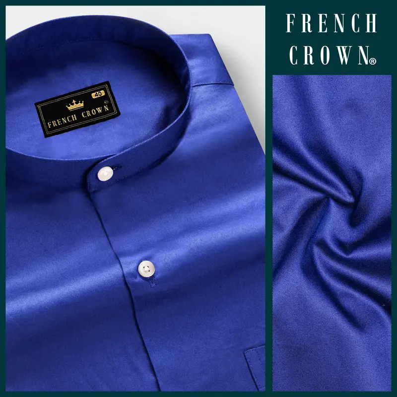 Indigo Blue-Catalina Solid Subtle Sheen Super Soft Premium Cotton Semi Formal Mandarin Collar Shirt 8