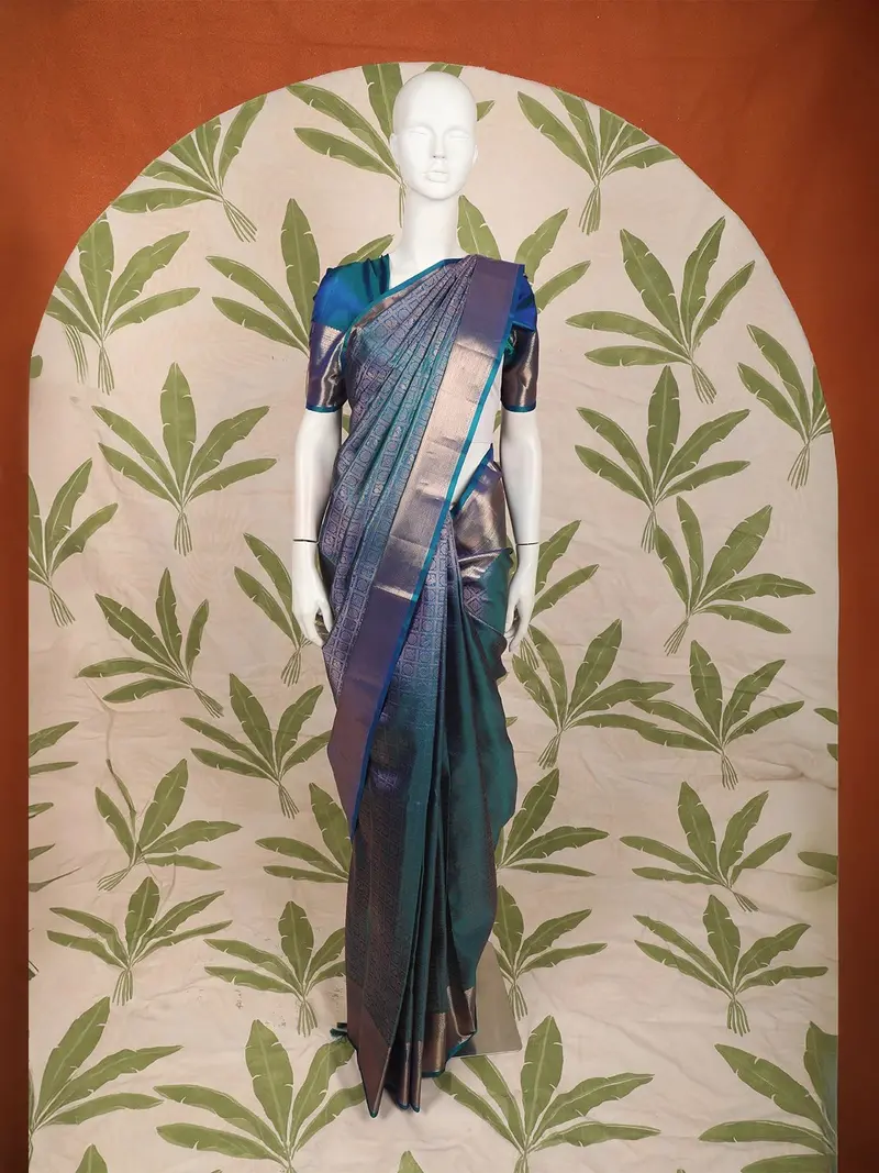 Indigo Blue Checked And Paisley Zari Woven Design Pure Kanchipuram Silk Saree With Zari Border 1