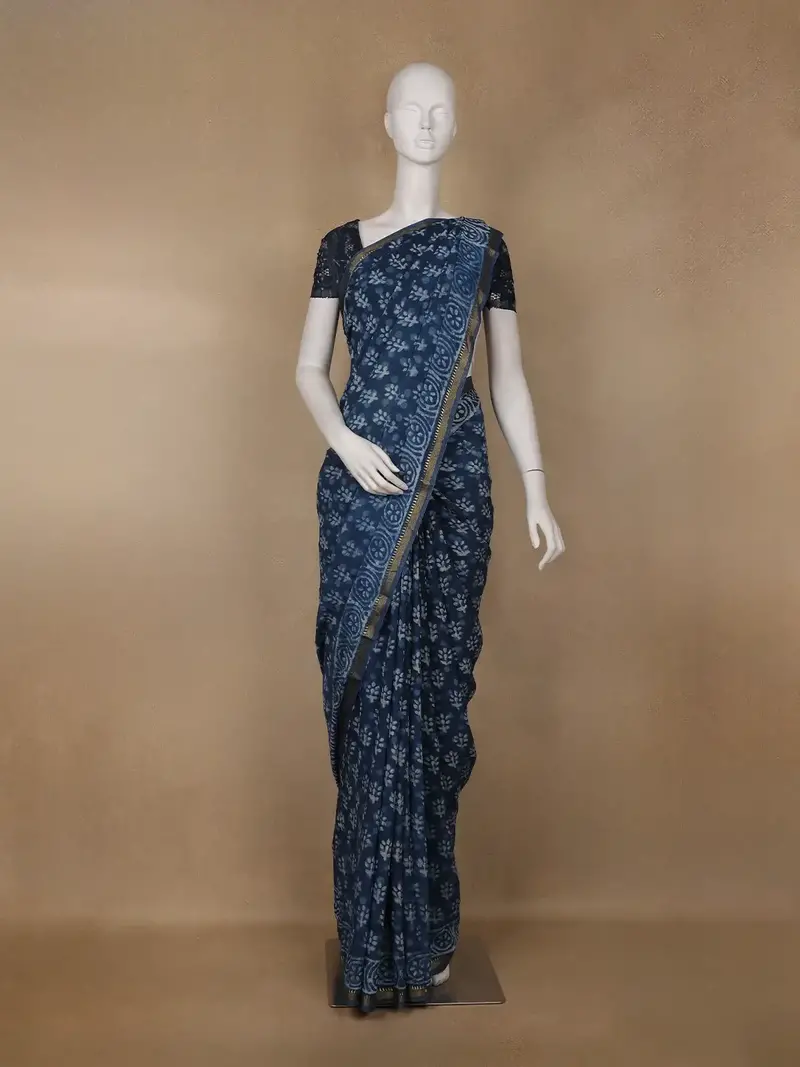 Indigo Blue Floral Printed Cotton Saree 1
