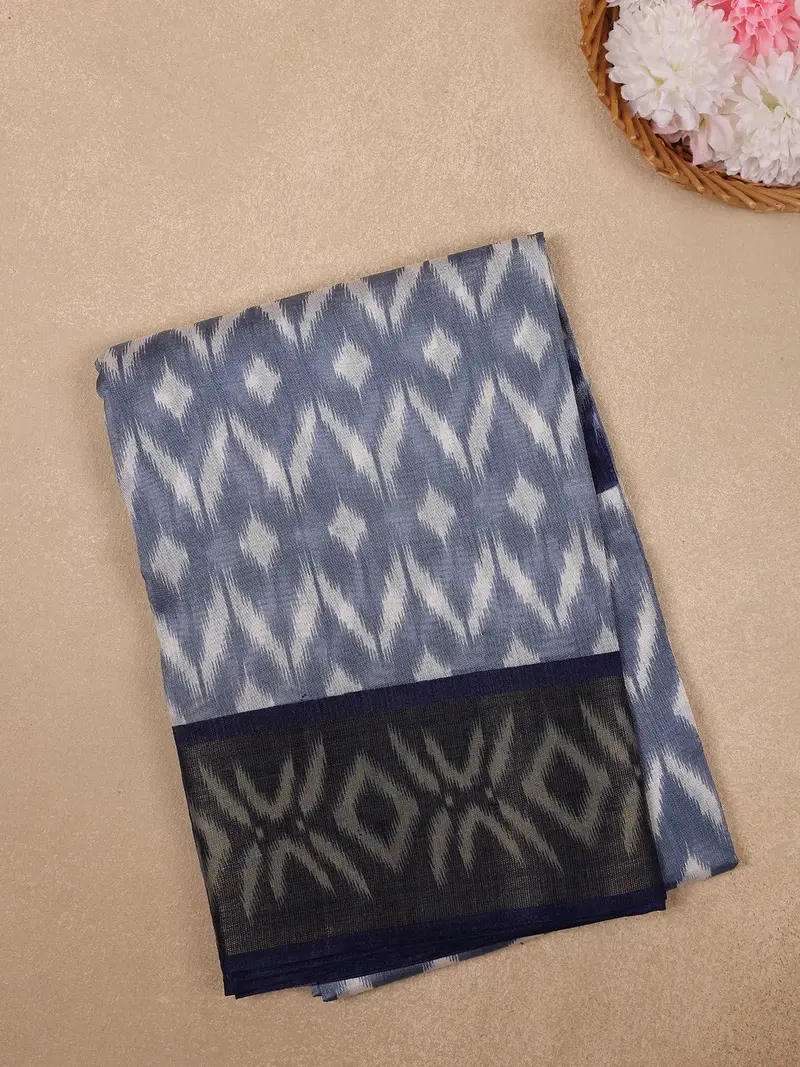 Indigo Blue Ikat Printed Fancy Cotton Saree 1