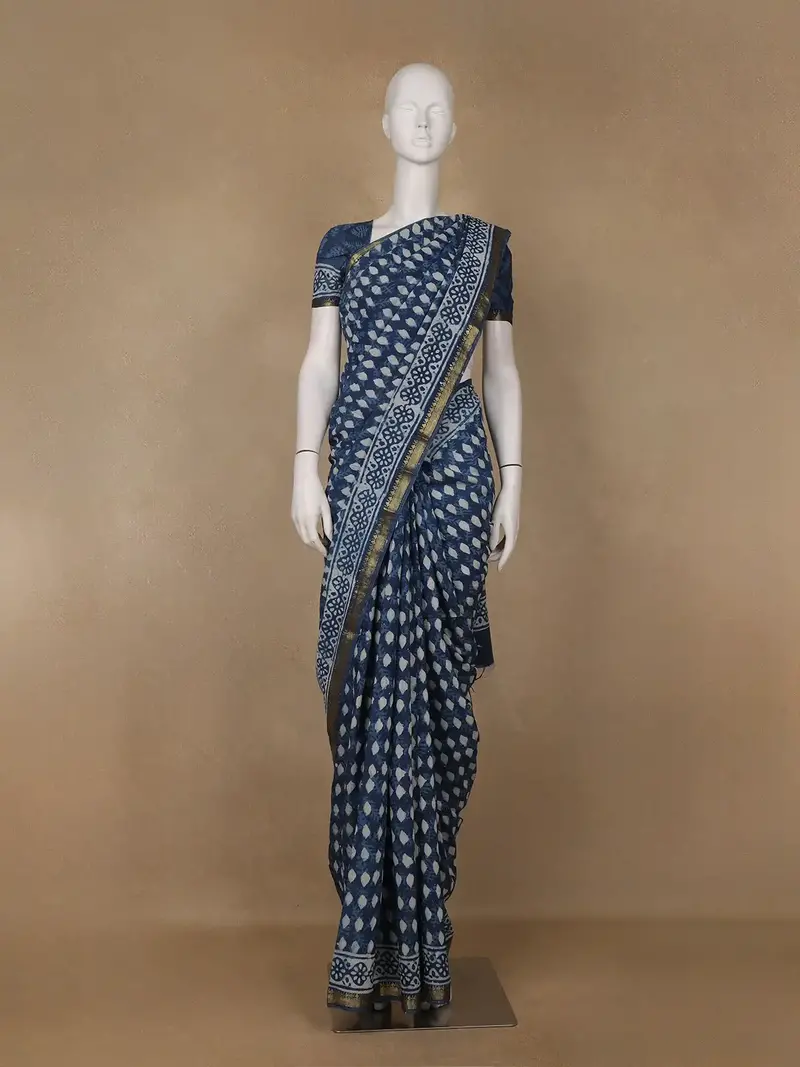 Indigo Blue Leaf Printed Cotton Saree 1