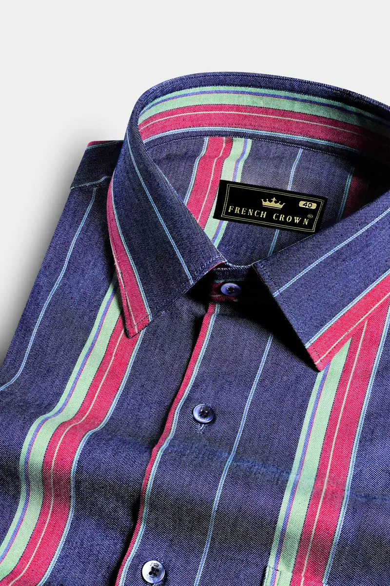 Indigo Blue Multicolour Striped Chambray Shirt 1