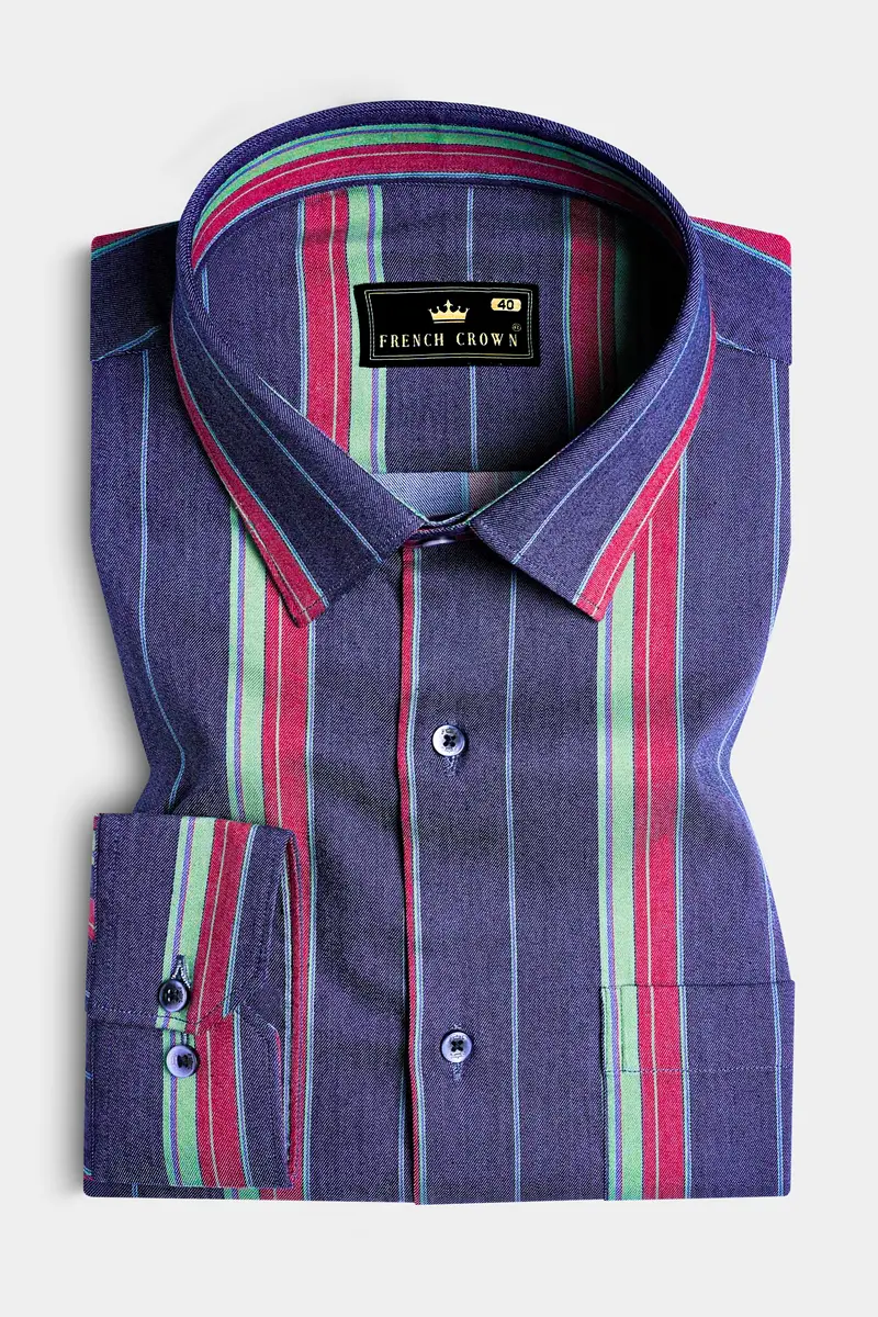 Indigo Blue Multicolour Striped Chambray Shirt 3