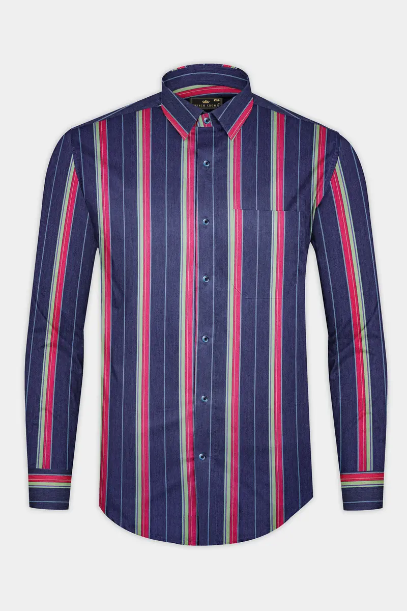 Indigo Blue Multicolour Striped Chambray Shirt 4