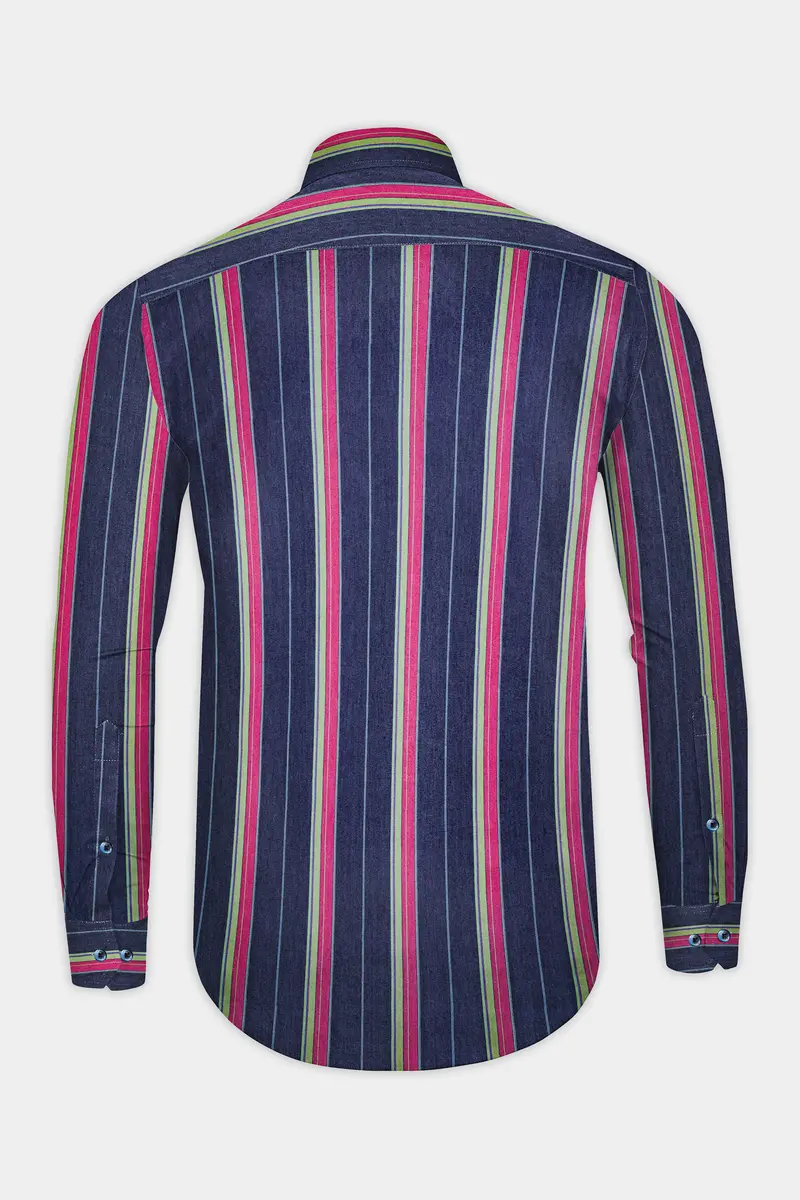 Indigo Blue Multicolour Striped Chambray Shirt 5