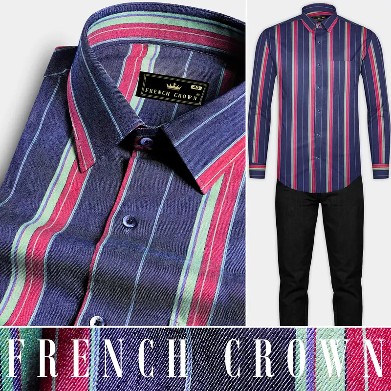 Indigo Blue Multicolour Striped Chambray Shirt 8