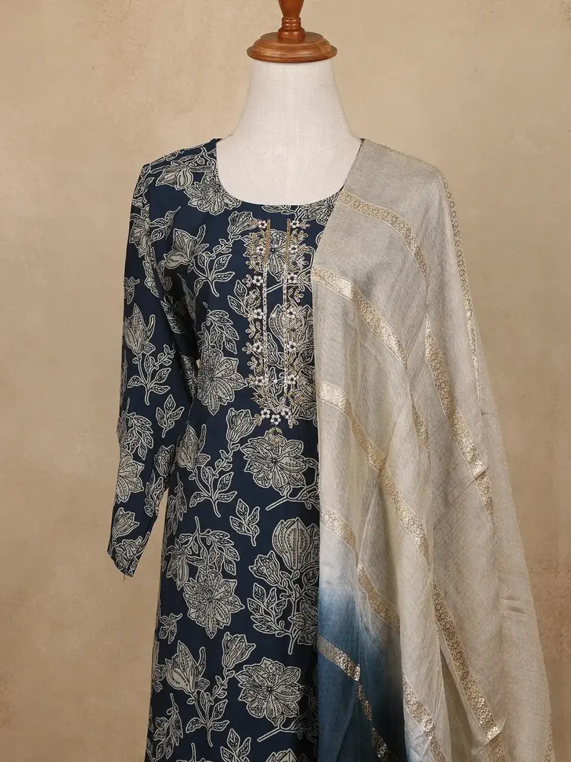 Indigo Blue Sequin Design Floral Printed Cotton Salwar Suit 2