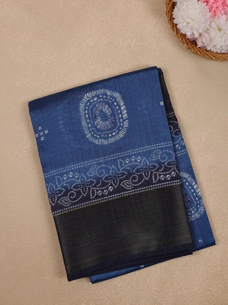 Indigo Blue Tie-Dye Inspired Printed Cotton Saree 1