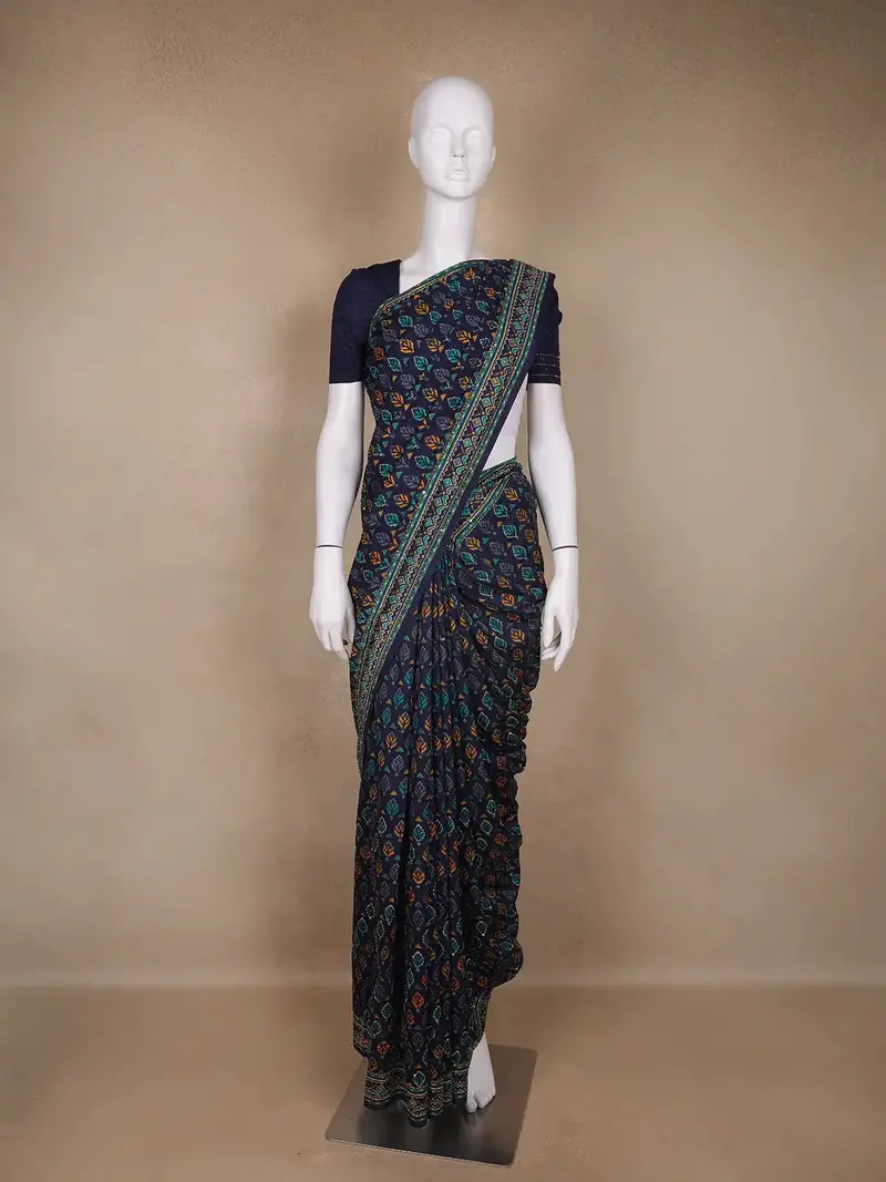 Indigo Floral Designed Chanderi Cotton Saree 1