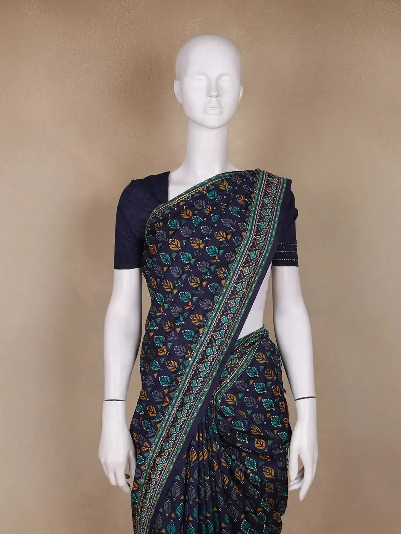 Indigo Floral Designed Chanderi Cotton Saree 2