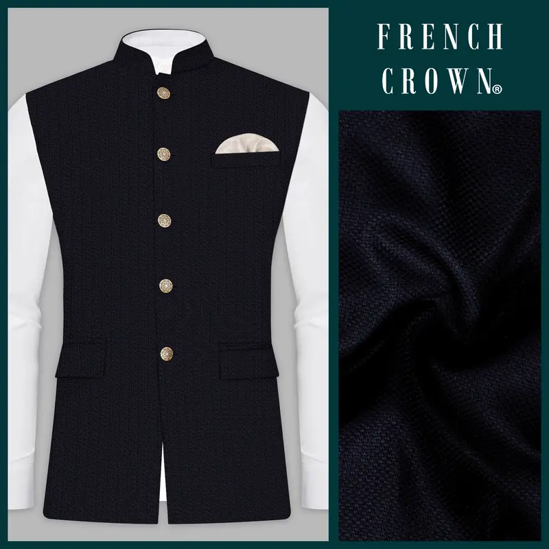 Indigo Prestige-French Navy Textured Wool Rich Nehru Jacket 1