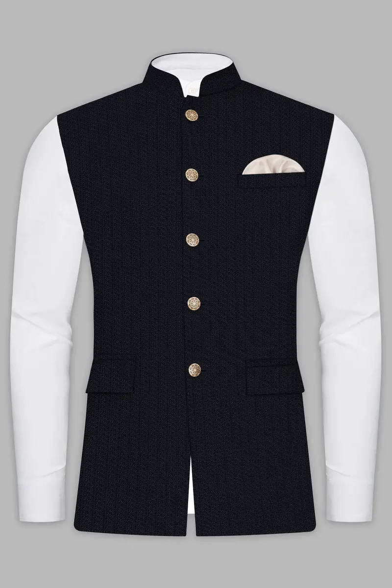 Indigo Prestige-French Navy Textured Wool Rich Nehru Jacket 2