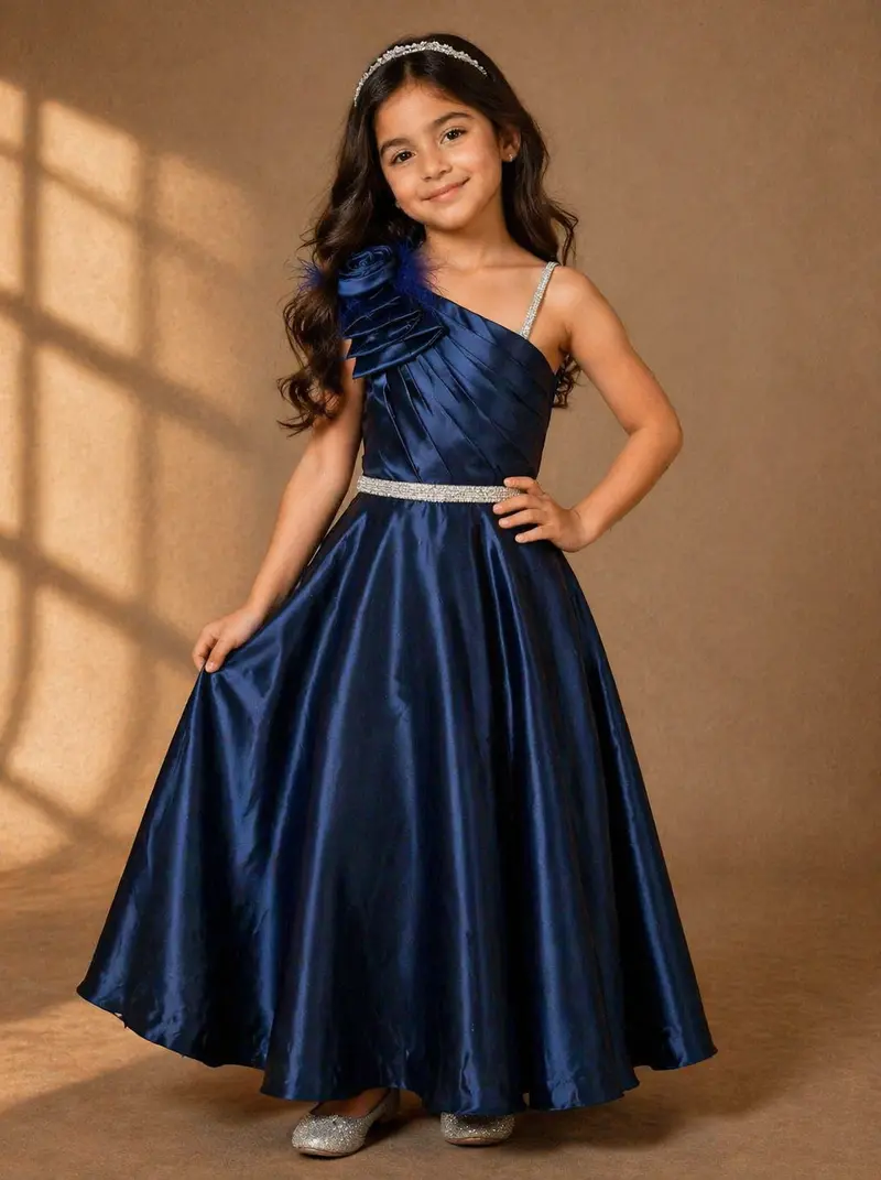 Ink Blue 3D Floral Solid Design Organza Party Gown For Girls 1