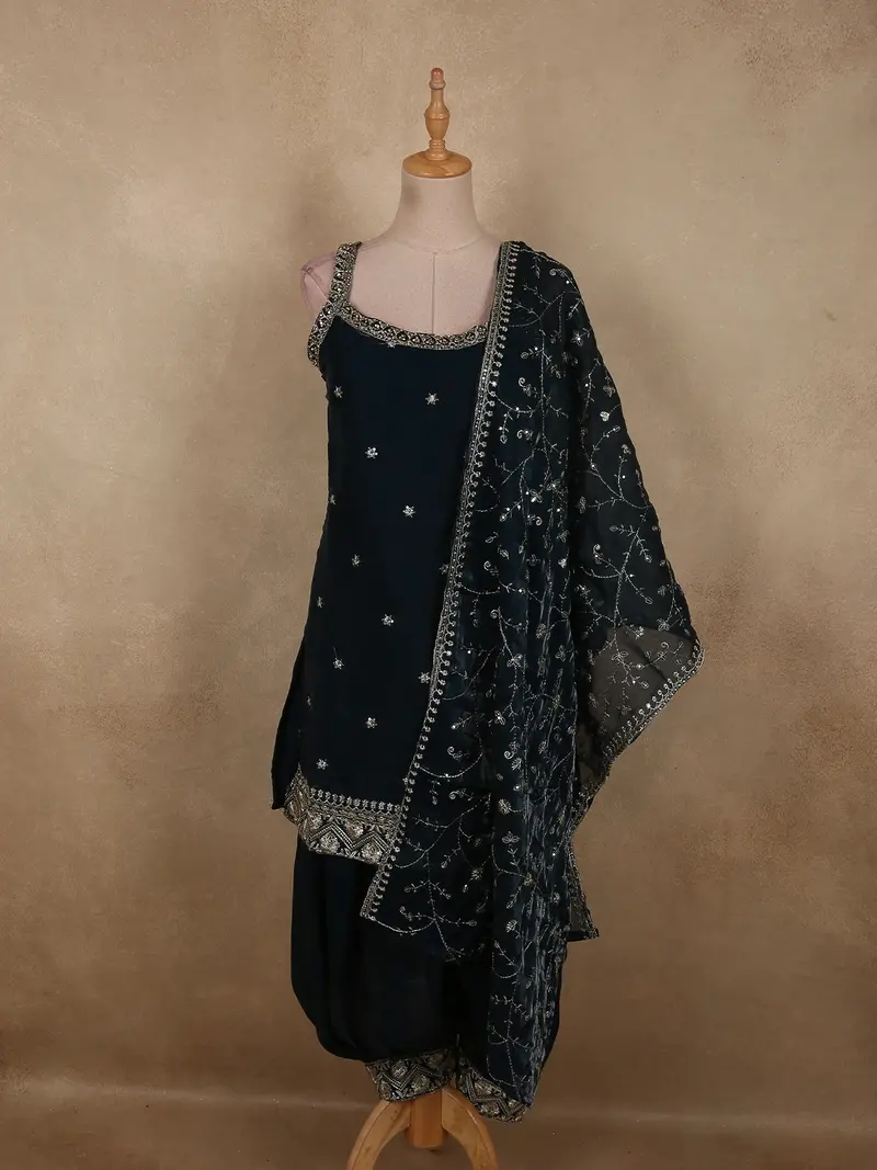Ink Blue Floral Sequins And Beads Embroidered Design Satin Salwar Suit With Dupatta 1