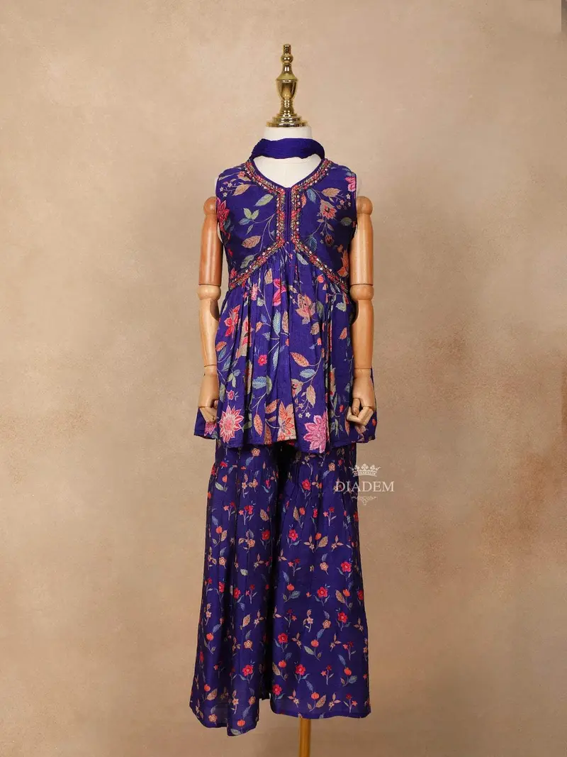 Ink Blue Georgette Sharara Suit Adorned With Floral Prints And Embroideries, Paired With Dupatta 1