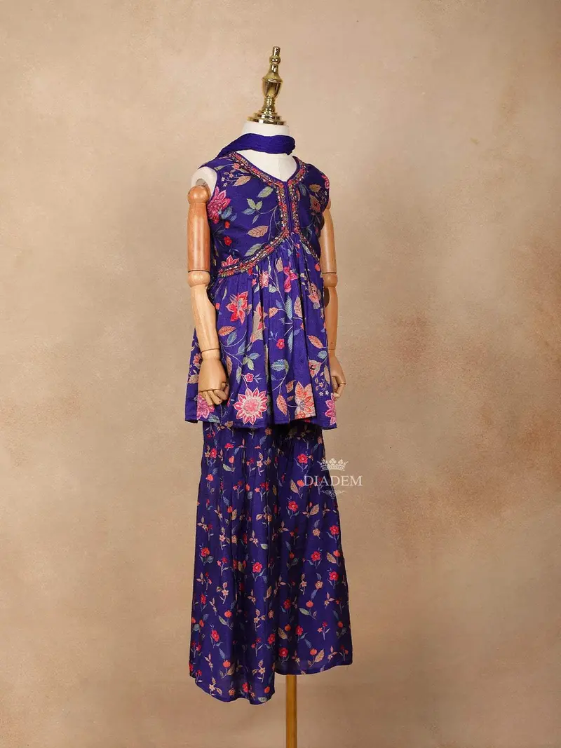Ink Blue Georgette Sharara Suit Adorned With Floral Prints And Embroideries, Paired With Dupatta 2