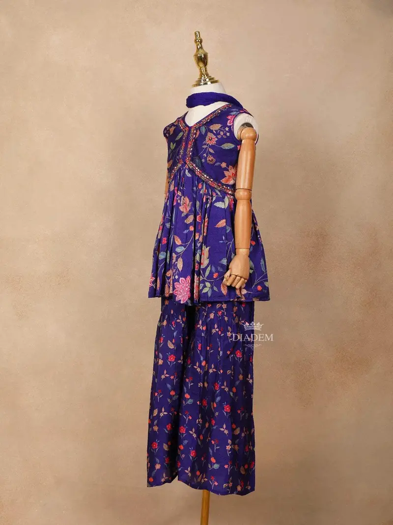 Ink Blue Georgette Sharara Suit Adorned With Floral Prints And Embroideries, Paired With Dupatta 3