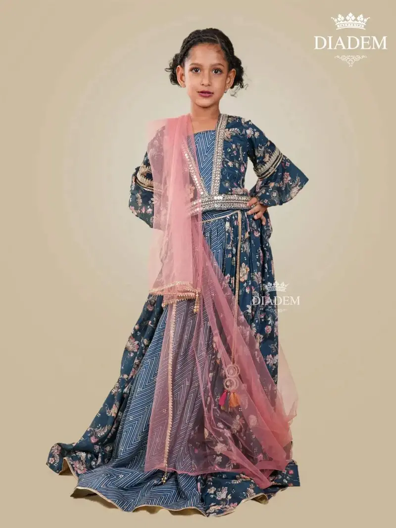Ink Blue Lehenga Embellished In Floral Design Prints Along With Embroideries And Dupatta 1