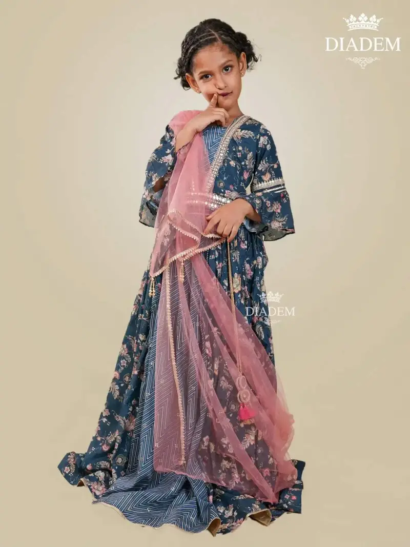 Ink Blue Lehenga Embellished In Floral Design Prints Along With Embroideries And Dupatta 2
