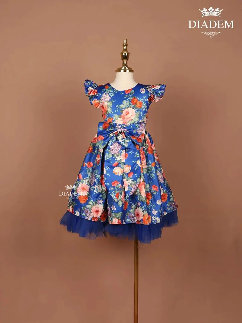 Ink Blue Satin Gown Adorned With Floral Prints 1