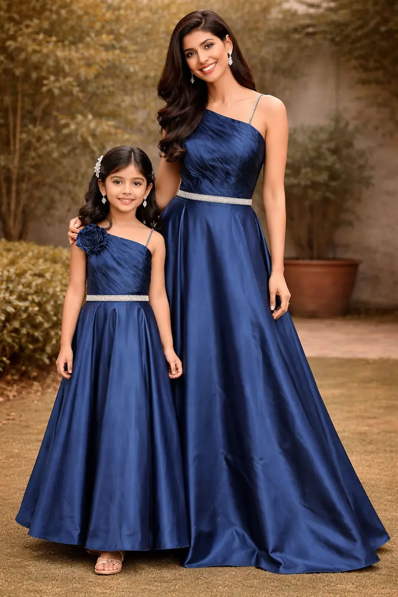 Ink Blue Satin Gowns For Mother & Daughter 1