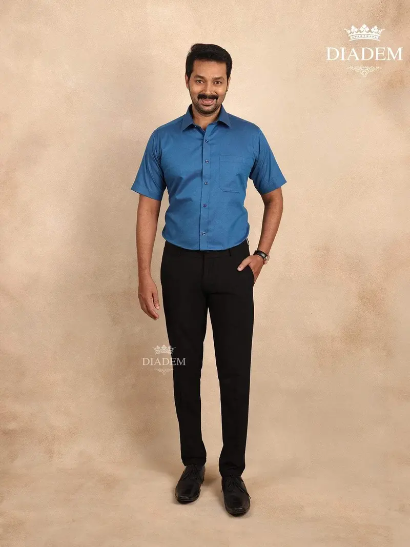 Ink Blue Solid Cotton Half Sleeve Shirt 1