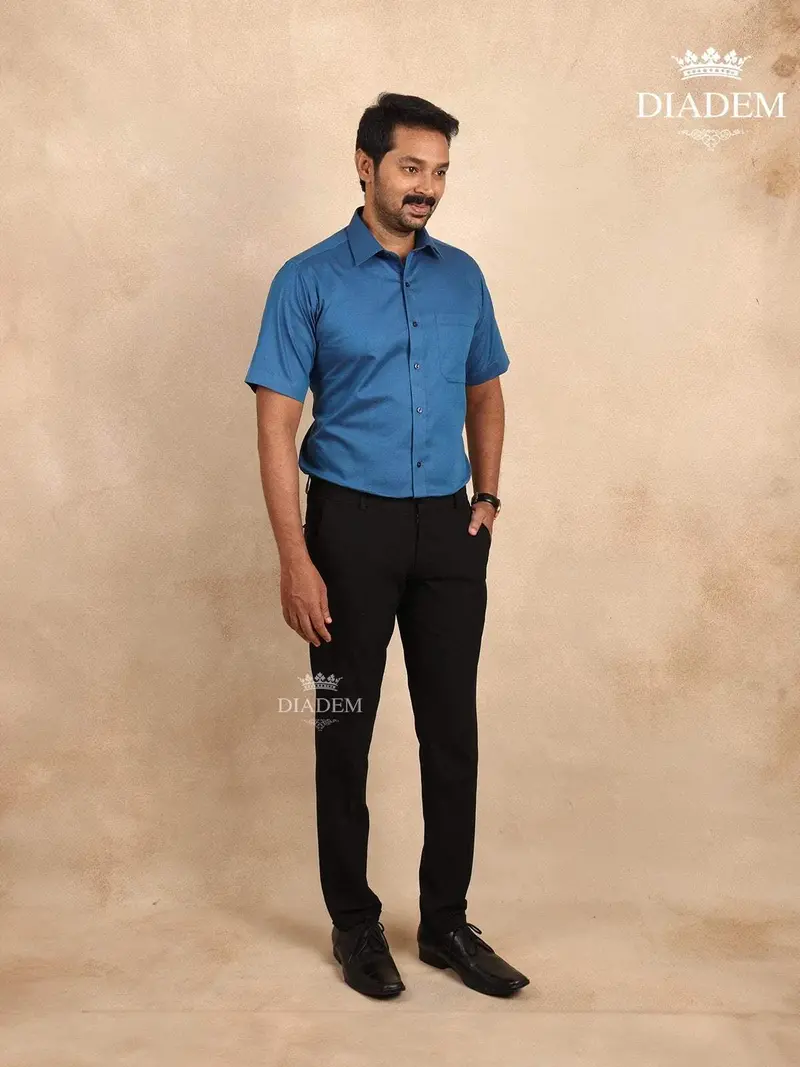 Ink Blue Solid Cotton Half Sleeve Shirt 2