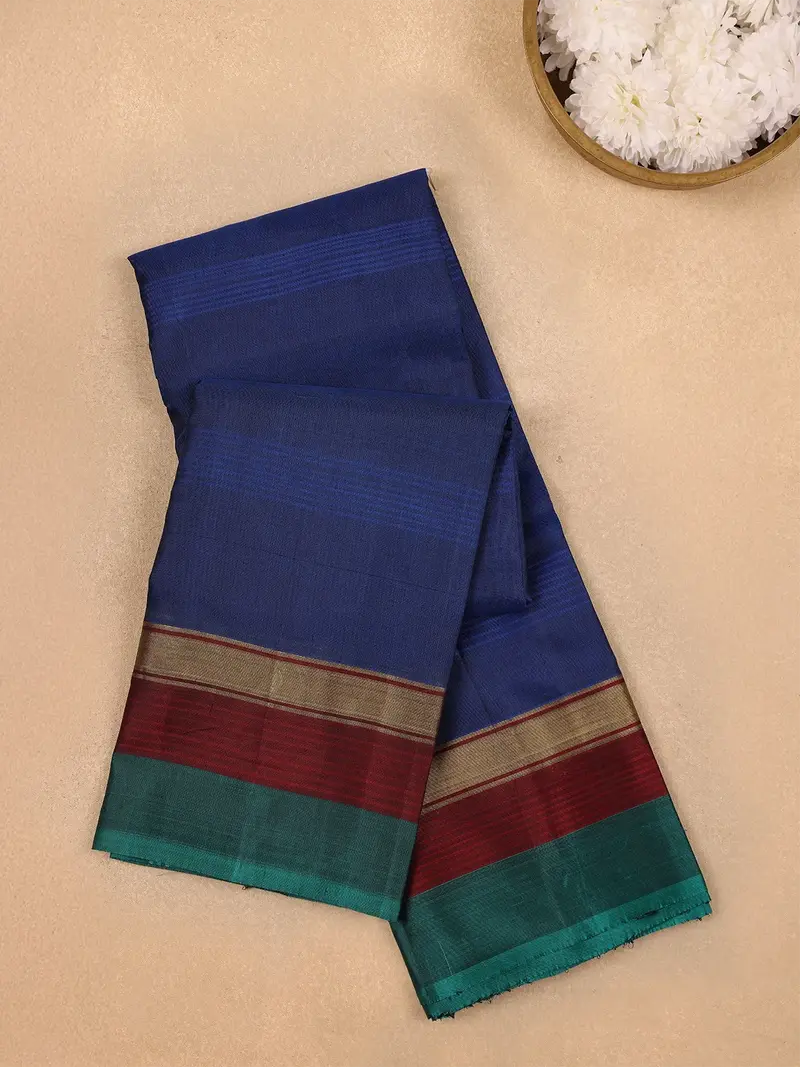 Ink Blue Stripes Designed Pure Kanchipuram Silk Saree 1