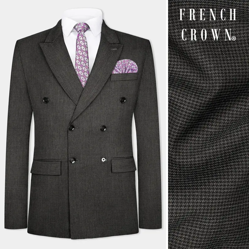 Iridium Brown Micro Checkered Wool Blend Double Breasted Blazer 1