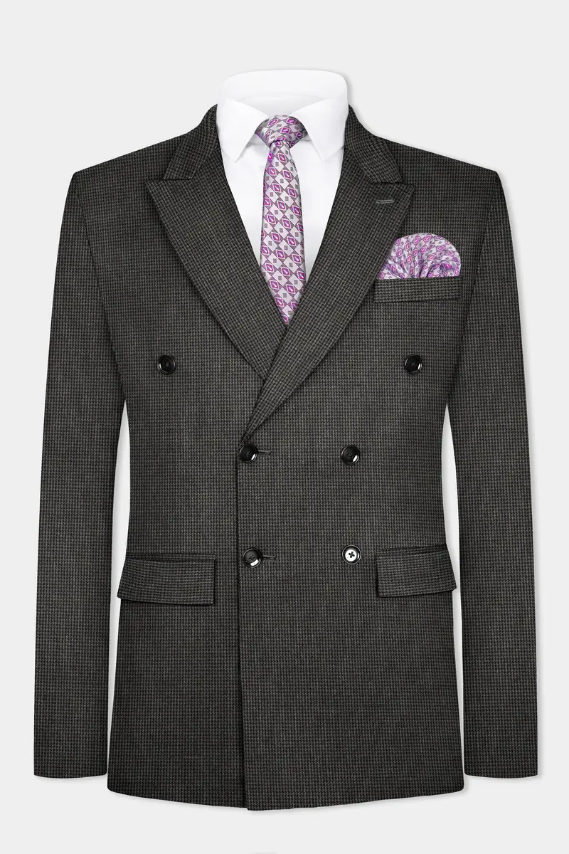 Iridium Brown Micro Checkered Wool Blend Double Breasted Blazer 2