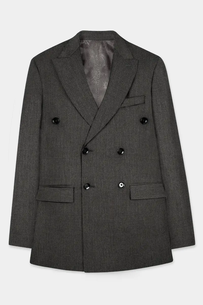 Iridium Brown Micro Checkered Wool Blend Double Breasted Blazer 7