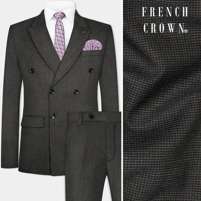 Iridium Brown Micro Checkered Wool Blend Double Breasted Suit 1