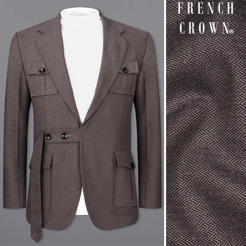 Iridium Brown Premium Cotton Designer Blazer With Functional Belt Fastening 1