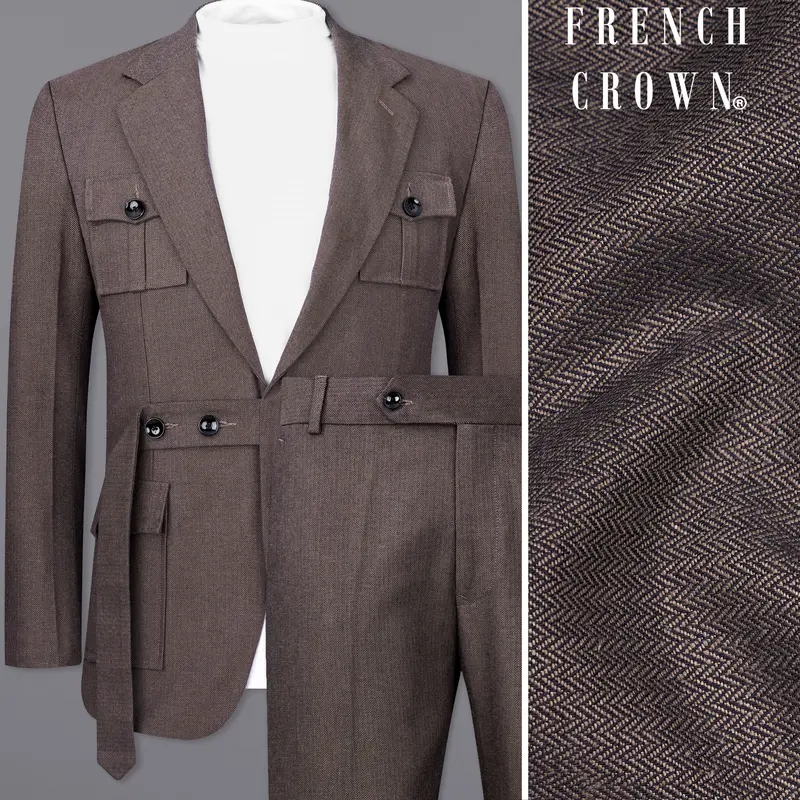 Iridium Brown Premium Cotton Designer Suit With Functional Belt Fastening 1