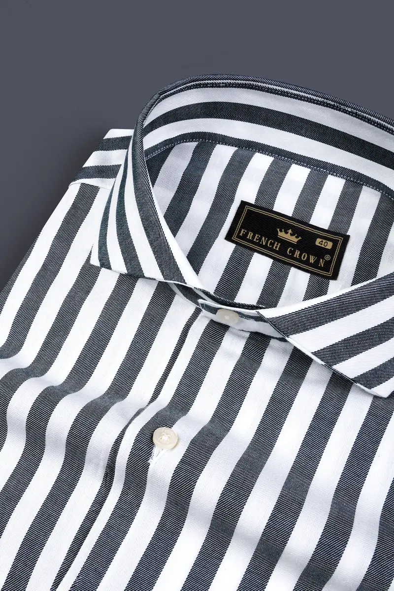 Iridium Gray And Bright White Twill Striped Cotton Shirt 1