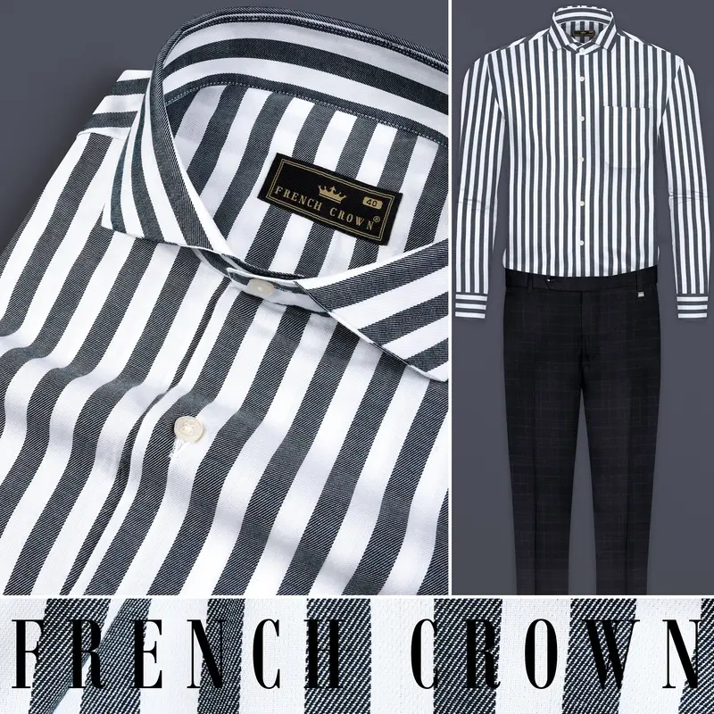 Iridium Gray And Bright White Twill Striped Cotton Shirt 10