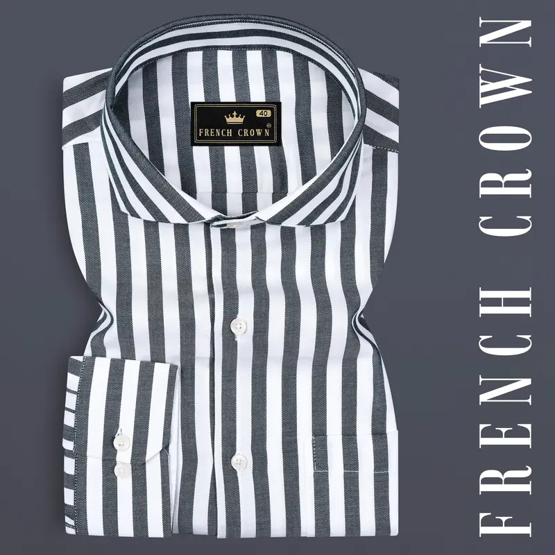 Iridium Gray And Bright White Twill Striped Cotton Shirt 7