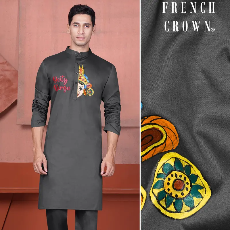 Iridium Gray Deity Durga Hand Painted Subtle Sheen Super Soft Premium Cotton Designer Kurta 1