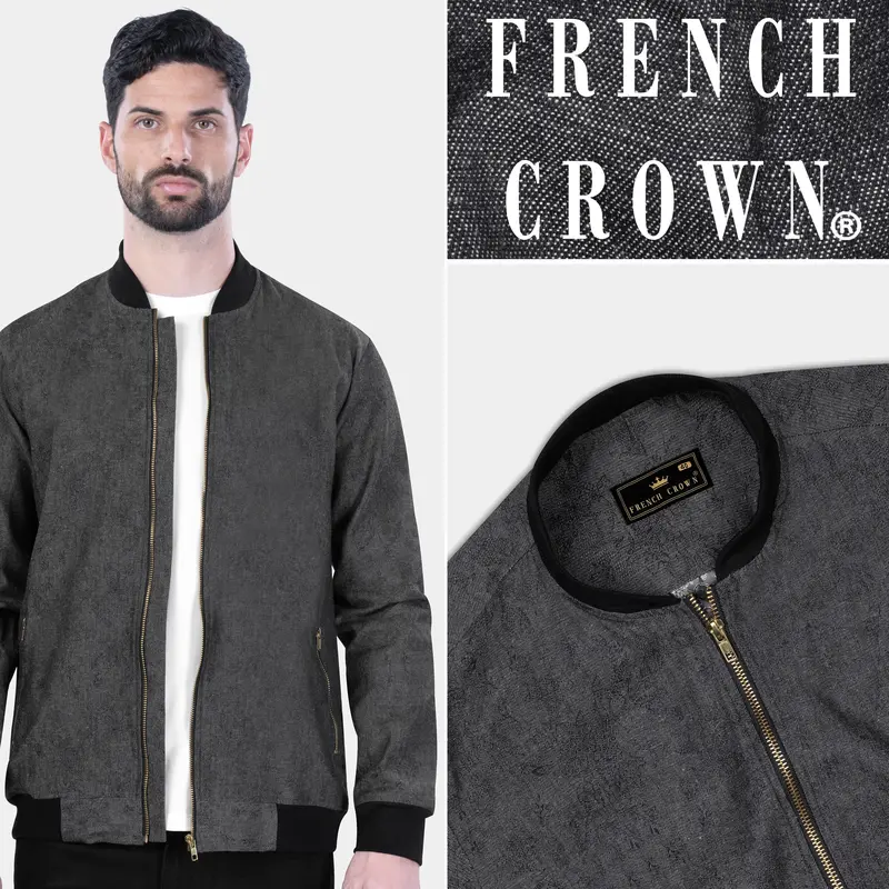 Iridium Gray Jacquard Textured Premium Giza Cotton Bomber Jacket 1