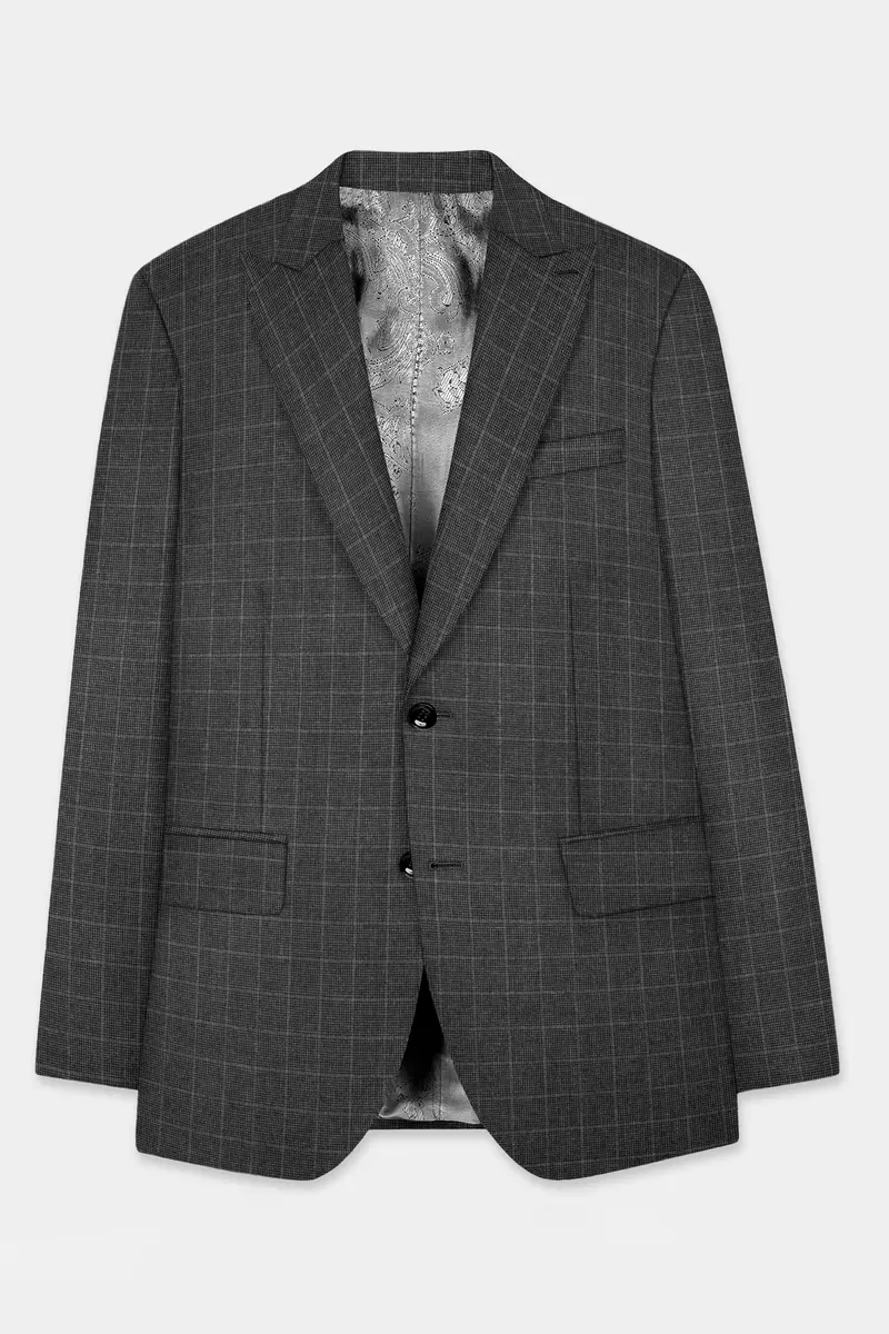 Iridium Gray Plaid Wool Blend Single Breasted Blazer 7