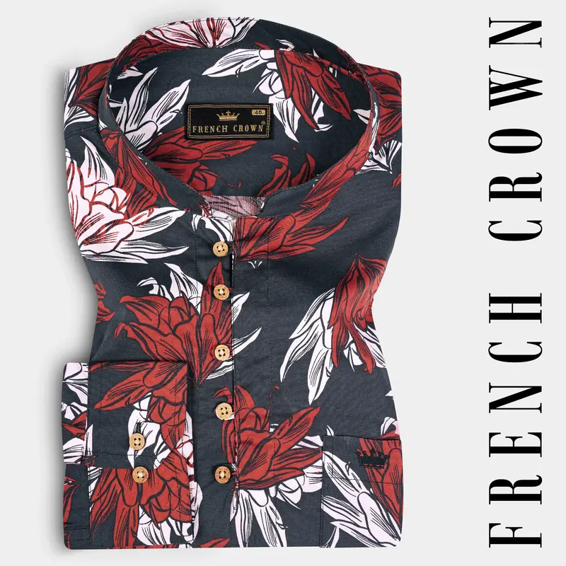 Iridium Gray Premium Cotton Kurta Shirt With Floral Printins 1